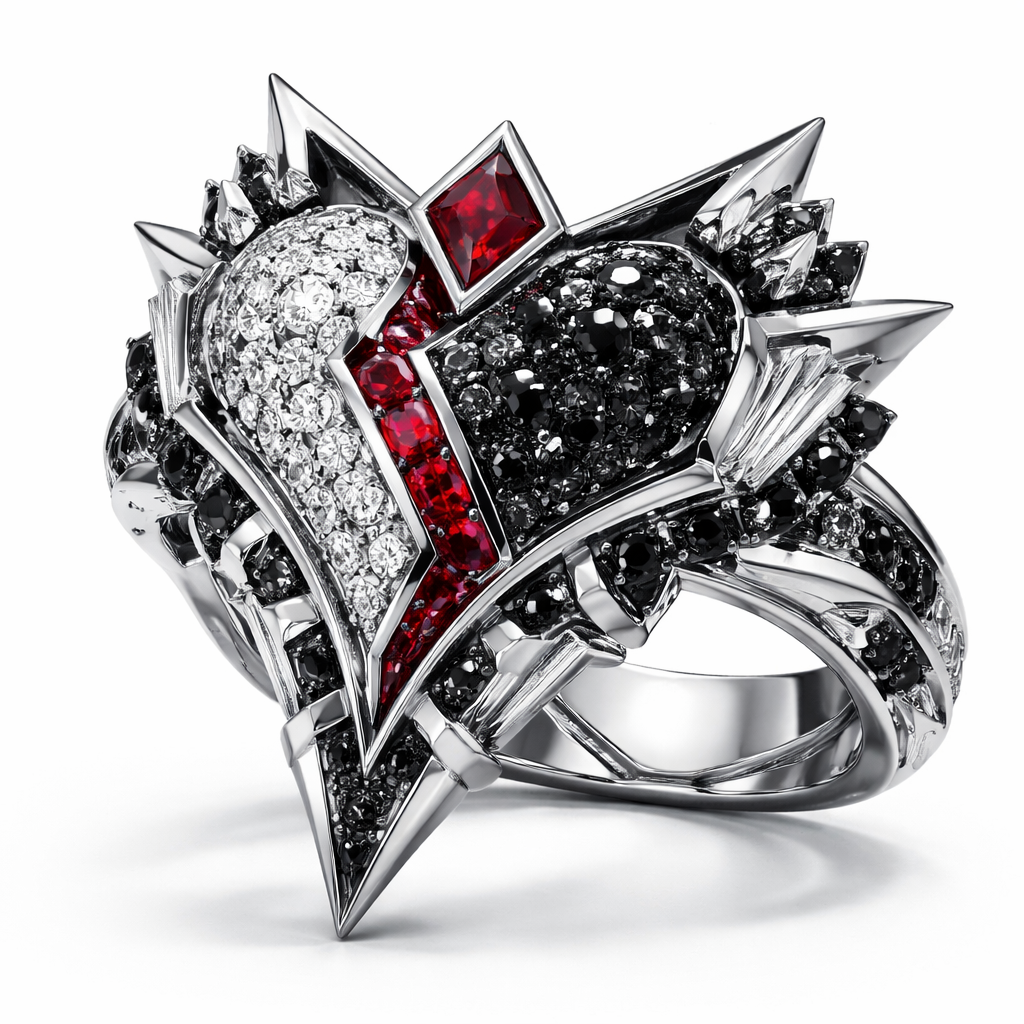 Heart Geomatric ring of egdes and architecture shapes and bold of diamonds black and white and red of white background of edgy style and elements shape