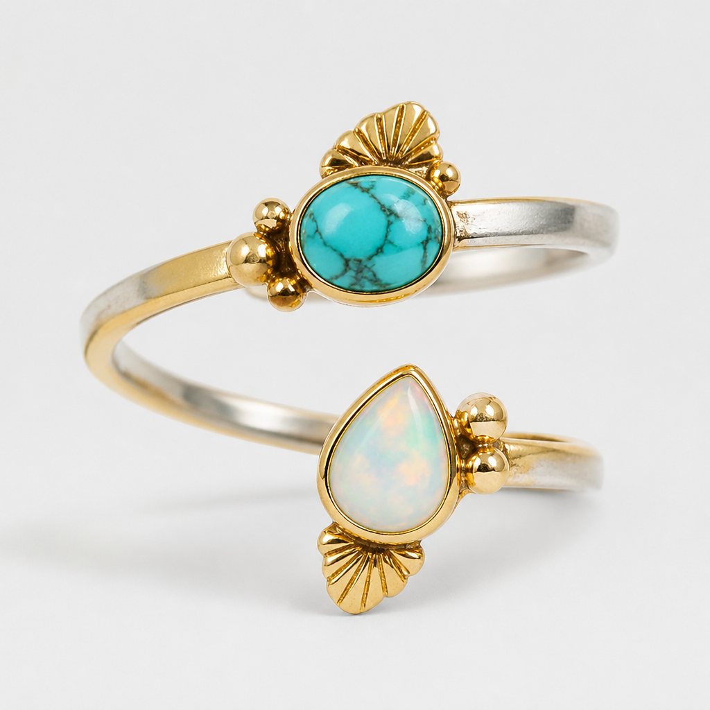 A minimalist women's ring made of mixed metal with turquoise and opal stones suitable for festival. A modern women ring with little ornaments of modern motifs.
photorealistic jewelry design, A minimalist women's ring made of mixed metal with turquoise and opal stones suitable for festival. A modern women ring with little ornaments of modern motifs., minimalist style, just the design no text