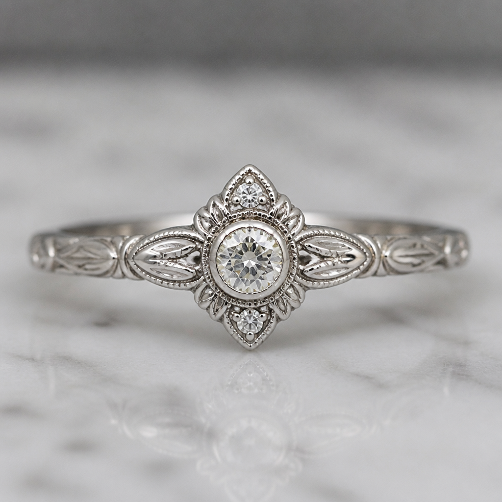 A vintage women's ring made of silver with diamond stones suitable for daily wear. A white diamond ring with a little bit minimal diamond
photorealistic jewelry design, A vintage women's ring made of silver with diamond stones suitable for daily wear. A white diamond ring with a little bit minimal diamond, vintage style, just the design no text