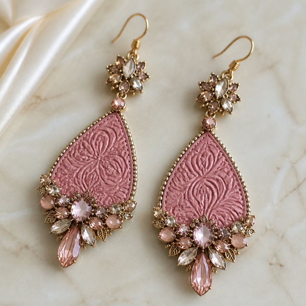 Create an artistic earring using pink tear drop embossed pink leather image with 3 inches in length. Create a finished artistic design of an earring using embellishments and other materials that can be handmade in 1.5 hours or less. Overall image should have a luxurious appearance and eye catching.
photorealistic jewelry design, Create an artistic earring using pink tear drop embossed pink leather image with 3 inches in length. Create a finished artistic design of an earring using embellishments and other materials that can be handmade in 1.5 hours or less. Overall image should have a luxurious appearance and eye catching., luxury style, just the design no text