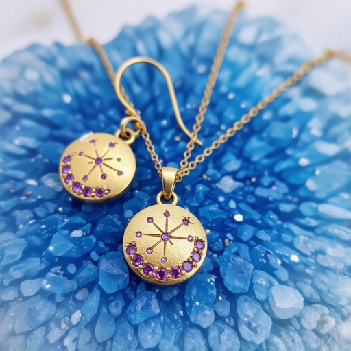 Серьги и кулон в одном стиле. Светлое матовое состаренное мятое золото. В окружности символ созвездия. Очень маленькие сиреневые камушки. 