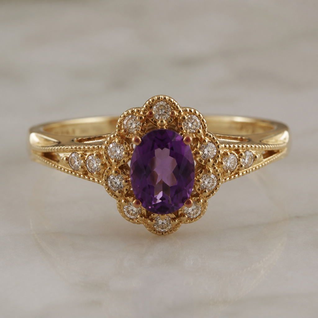 A vintage women's ring made of gold with amethyst and diamond stones suitable for wedding. e. g like the reference photo
photorealistic jewelry design, A vintage women's ring made of gold with amethyst and diamond stones suitable for wedding. e. g like the reference photo, vintage style, just the design no text