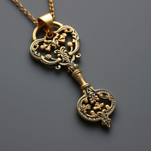 Old skeleton key shape gold and silver tones with olive branch turning on leg and keffieh print on the tip