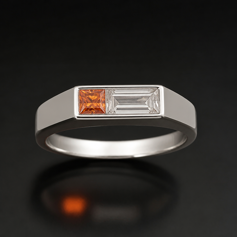 A women's ring. same ring but in silver with a square orange stone and a rectangular clear stone both stones same height but the clear one double width
using the attached image as a visual reference, create A women's ring. same ring but in silver with a square orange stone and a rectangular clear stone both stones same height but the clear one double width. photorealistic, just the design no text