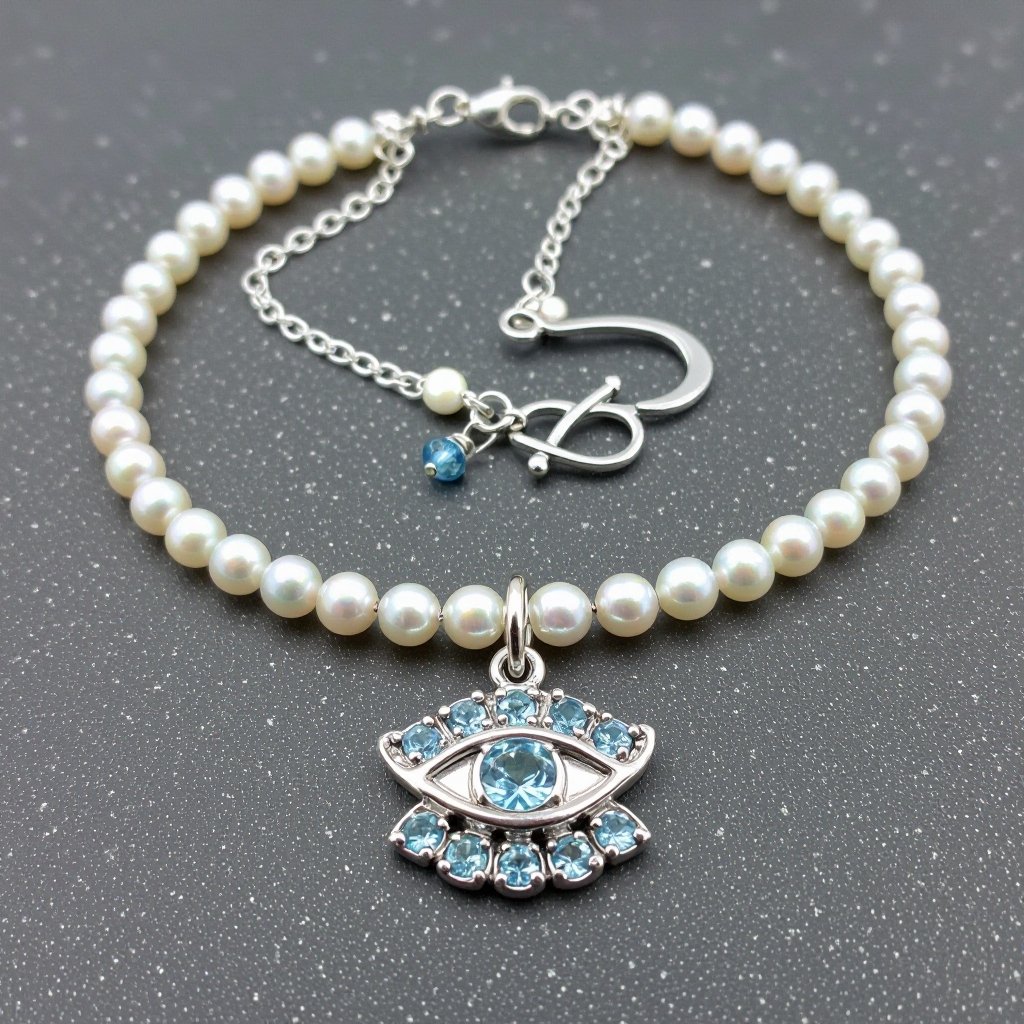 Тонкая цепочка с серебряными шариками и мелкими жемчужными камушками на цепочке есть кулон в форме глаза, зрачок глаза из аквамарина от глаза идет маленькая подвеска с маленькими камушками аквамарина 