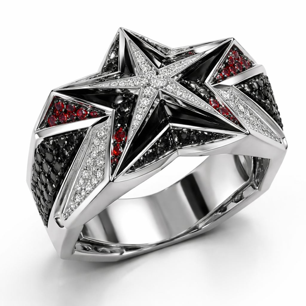 Contemporary modern architecture Star ring of edgy and sharper edges Star of modern style Geomatric ring of edges and sharp bold shapes of edge of balck and white diamonds for men collection of white background adding red stones