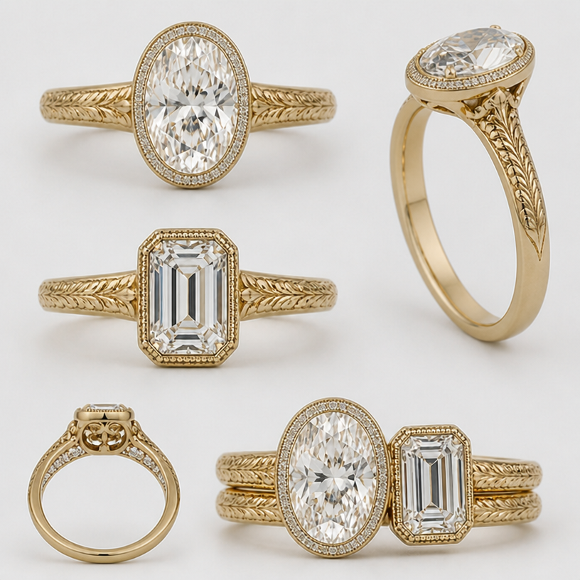 Can we please make the emerald 1.5 carats and add a hidden halo on the oval?
edit the attached jewelry design with these instructions: Can we please make the emerald 1.5 carats and add a hidden halo on the oval?. keep it photorealistic, just the design no text