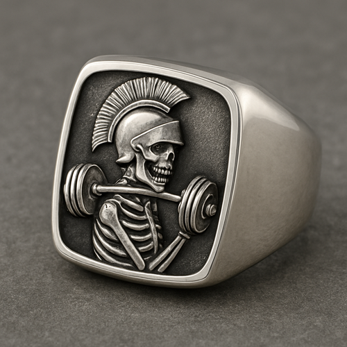 Silver signet ring with spartan skeleton biting barbell