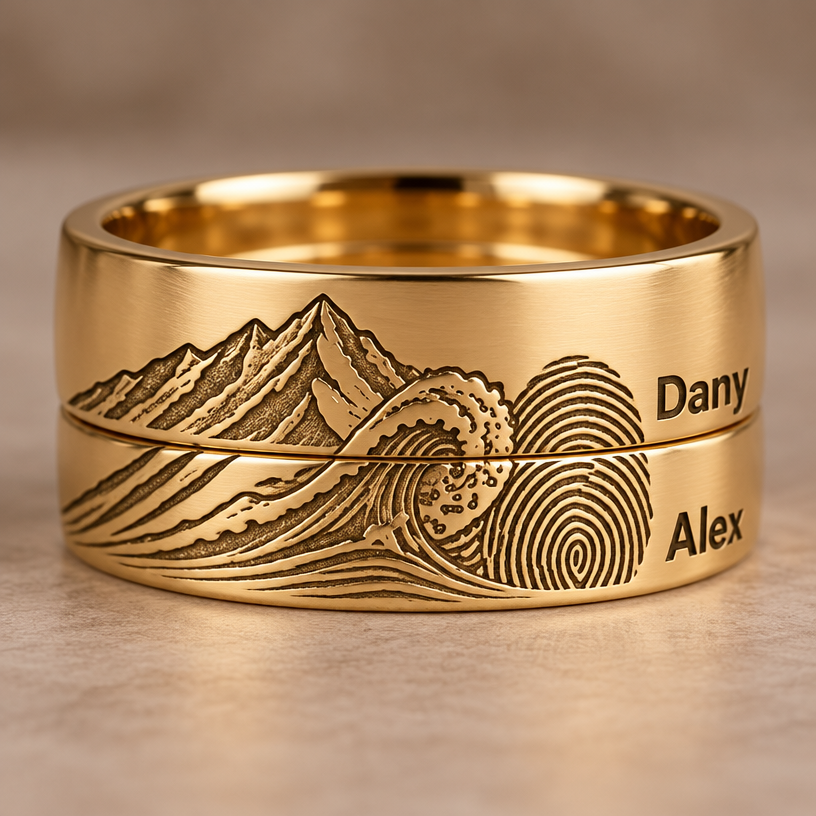 A women's ring. en cuenta todo lo que está anotado blancos señalado con los flechas
otra muestra por favor pero hasta ahora que la huella digital humana esté en las dos argollas
quiero que que tal cual como la anterior pero sí las huellas que en una que es la mitad de la otra
que le quite lo que está arriba de la ola
y le añadas después de la huella digital en uno le pones un nombre Dany y el otro Alex letra imprenta gruesa
sí pero déjalos como estaban en el anterior solo añádele los nombres
using the attached image as a visual reference, create A women's ring. en cuenta todo lo que está anotado blancos señalado con los flechas
otra muestra por favor pero hasta ahora que la huella digital humana esté en las dos argollas
quiero que que tal cual como la anterior pero sí las huellas que en una que es la mitad de la otra
que le quite lo que está arriba de la ola
y le añadas después de la huella digital en uno le pones un nombre Dany y el otro Alex letra imprenta gruesa
sí pero déjalos como estaban en el anterior solo añádele los nombres. photorealistic, just the design no text
