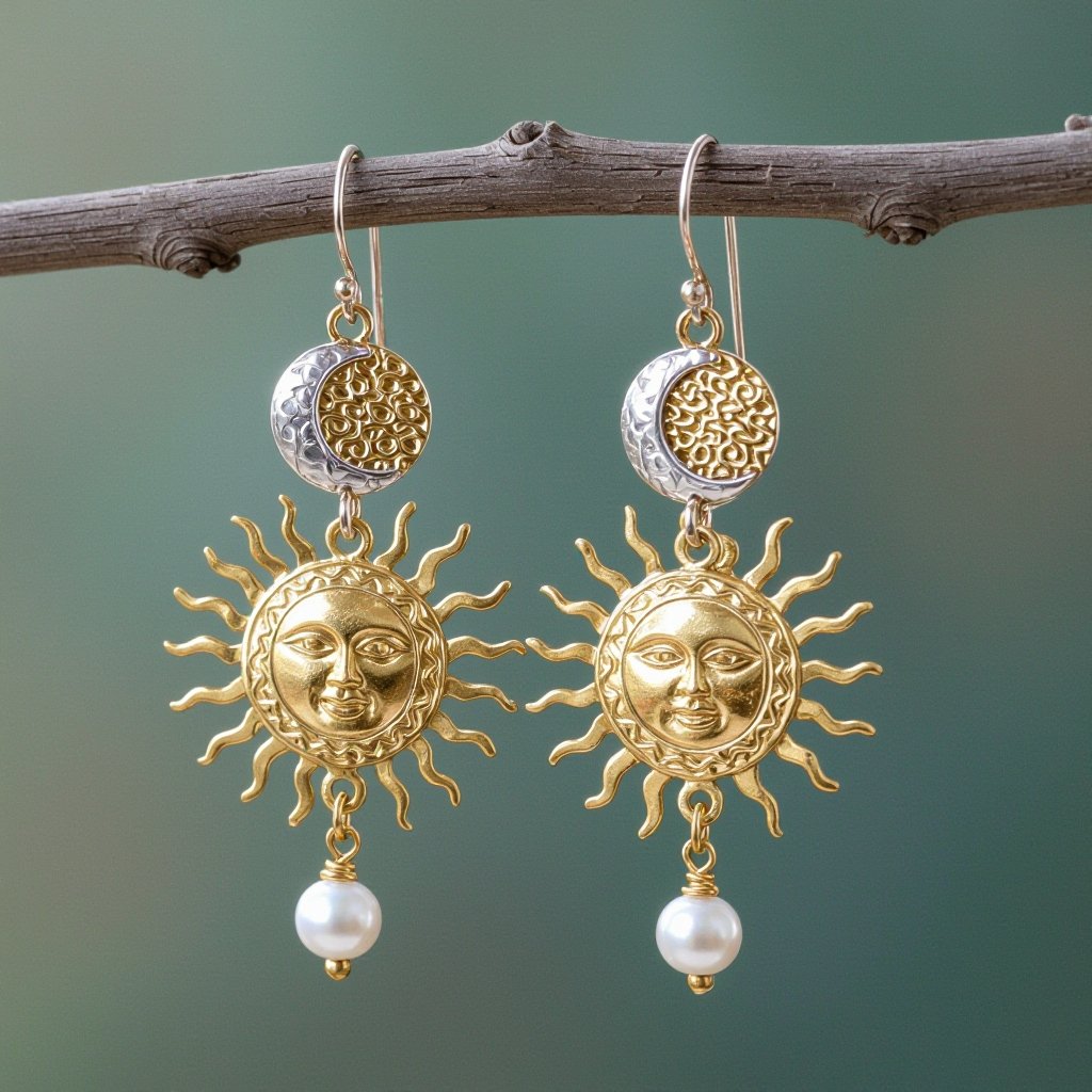 Золотые серьги словно мятое золото в форме солнца с волнистыми лучами крепится к застежке серьги. К нижней части солнца крепятся подвески: миниатюрная серебристая луна, очень маленький жемчуг и маленький золотой кружочек с мятым эффектом плоский