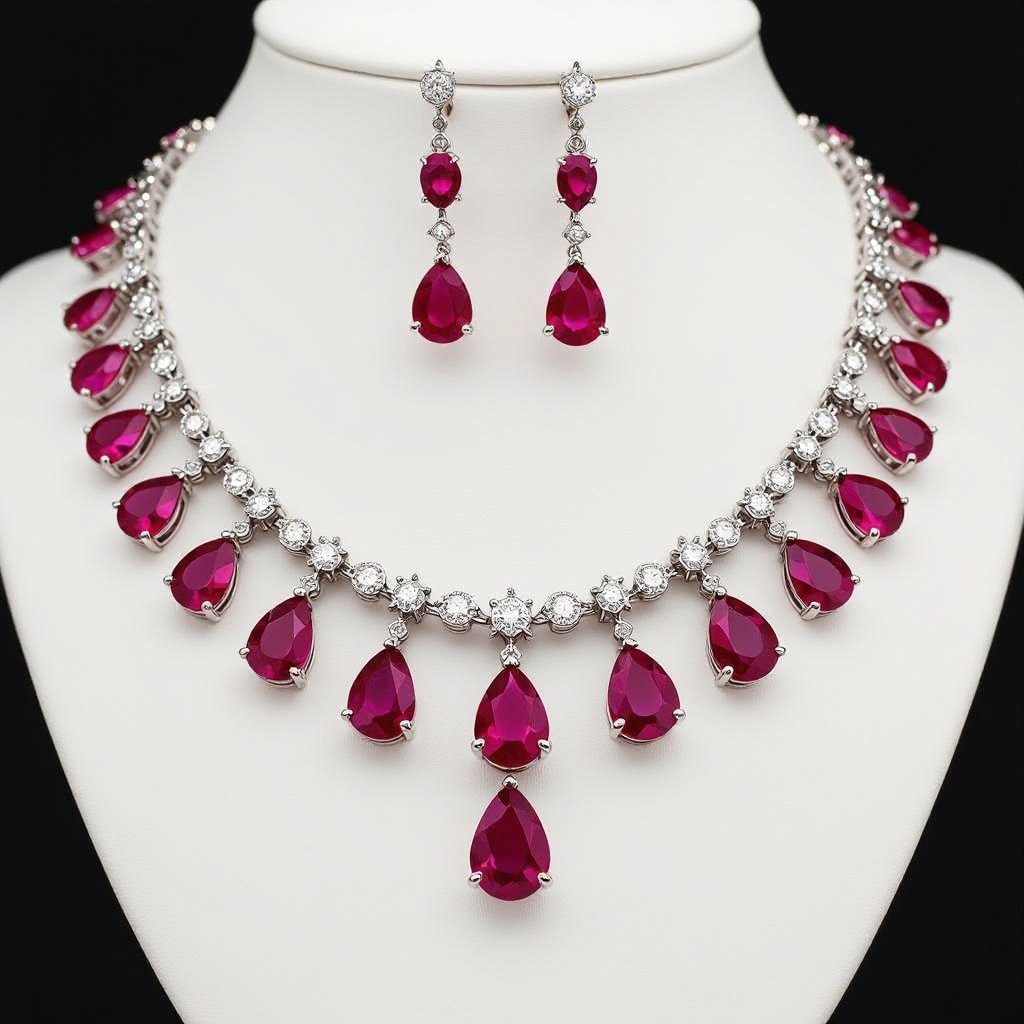 luxury necklace style and luxury earring set Platinum necklace, ruby pear drops, diamond accents, prong setting. Matching platinum earrings, ruby pear drops, diamond accents, prong setting.