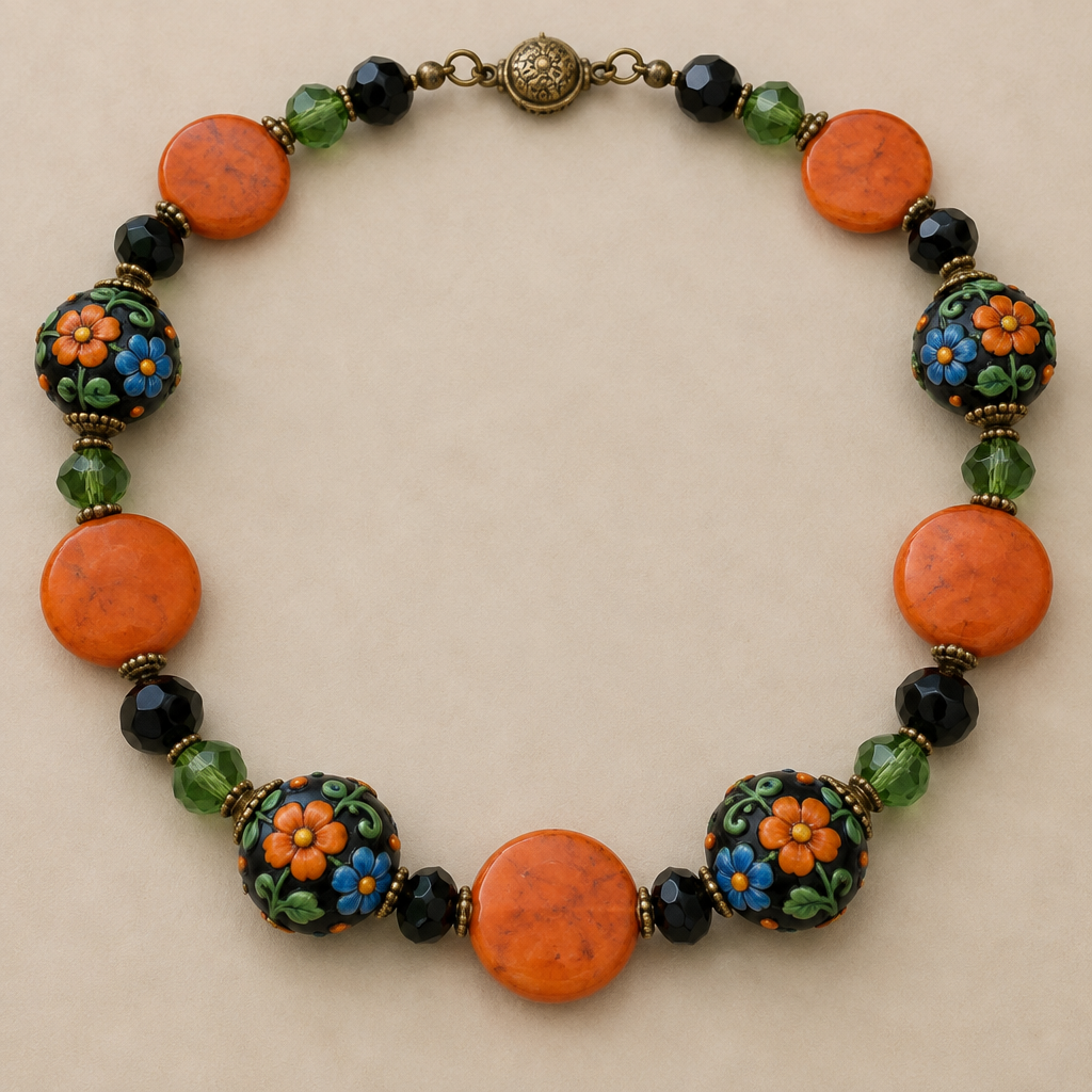 faceted green beads 6mm, black faceted beads 6mm, lamp work 15mm discs black with orange and blue flowers with green vines, and 17mm orange coral disc beads
photorealistic jewelry design, faceted green beads 6mm, black faceted beads 6mm, lamp work 15mm discs black with orange and blue flowers with green vines, and 17mm orange coral disc beads , vintage style, just the design no text