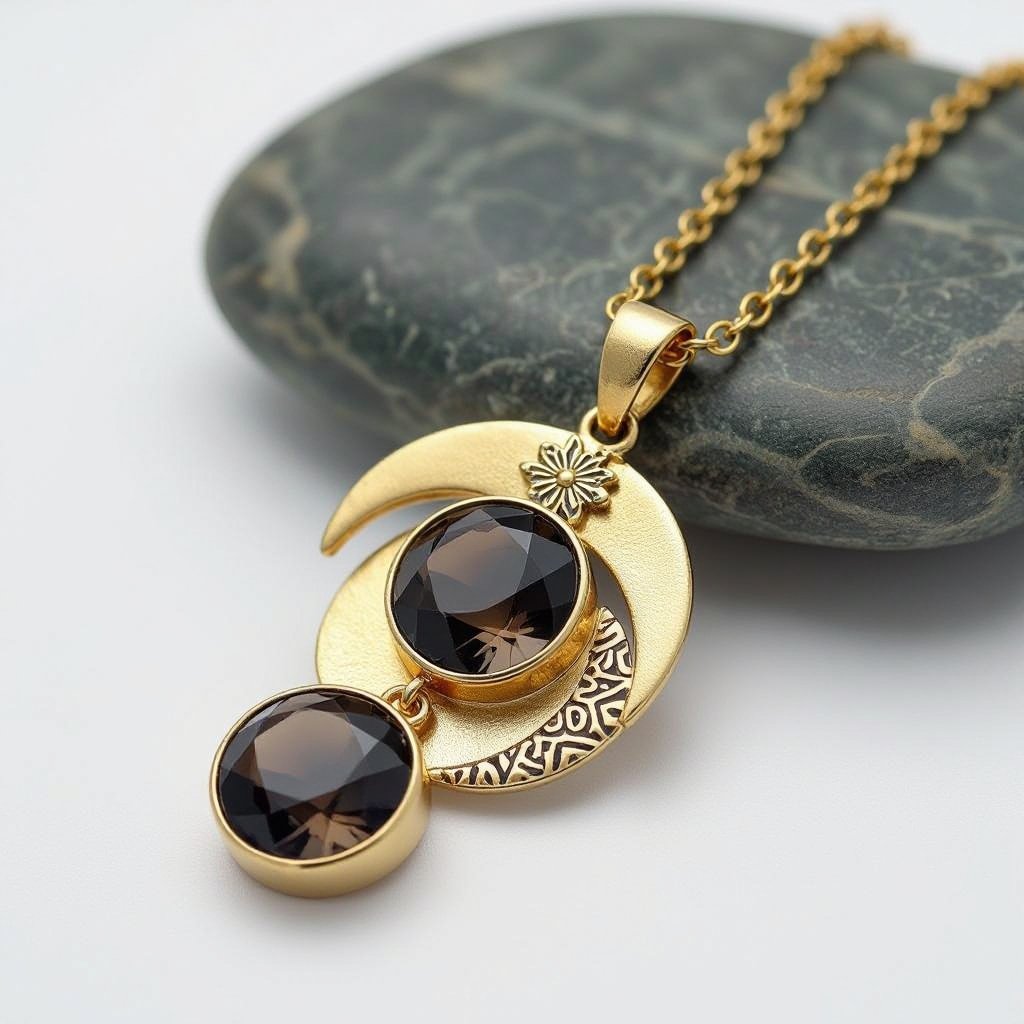  Подвеска из трех полумесяцев с узорами и камнями раухтопаза из матового неровного светлого золота с узорами соединенных цепочкой сверху самый широкий полукруг дальше средний и снизу самый маленький