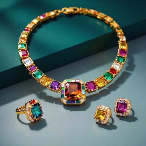 Necklace and ring and earring with luxury colorful jewel with gold