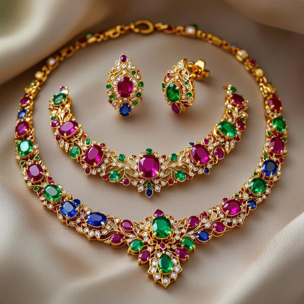 Necklace and ring and earring with luxury colorful jewel with gold