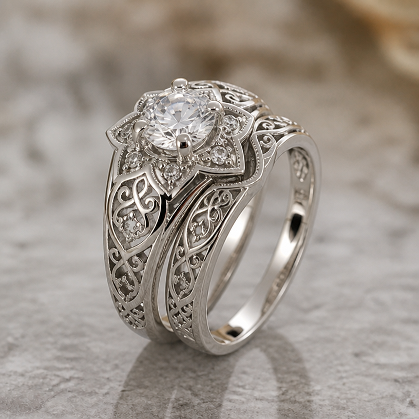 Please make the rings go together so they can be worn over each other
edit the attached jewelry design with these instructions: Please make the rings go together so they can be worn over each other. keep it photorealistic, just the design no text