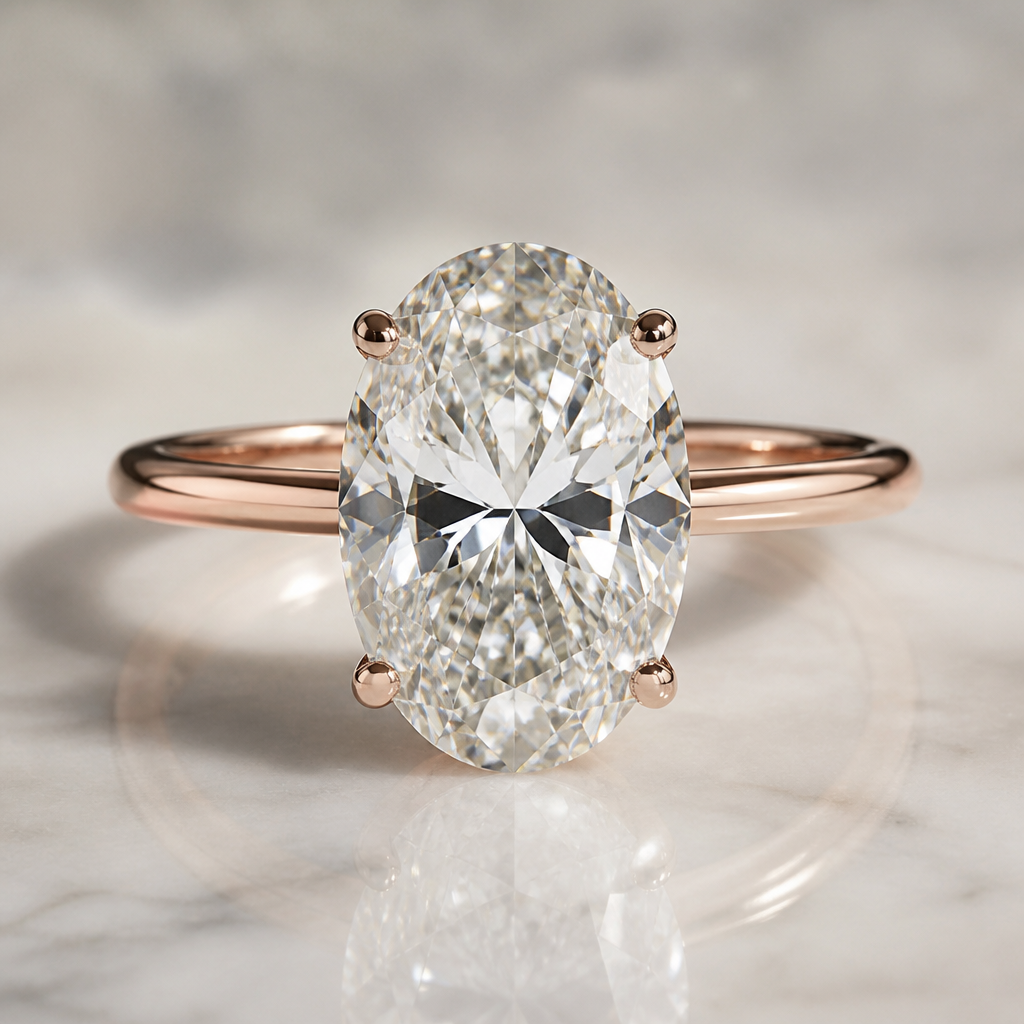 Ring one diamond 5ct oval rose gold
photorealistic jewelry design, Ring one diamond 5ct oval rose gold, minimalist style, just the design no text