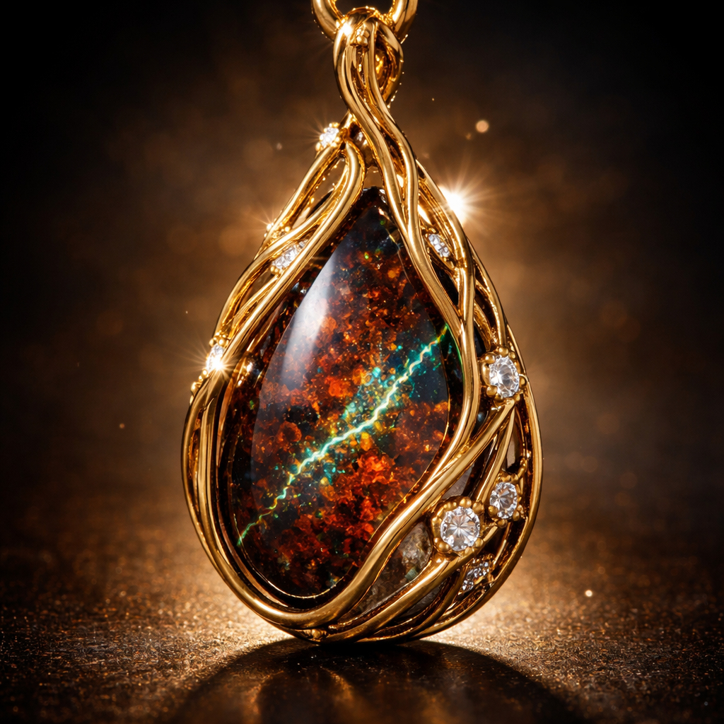 Mythological teardrop pendant inspired by ancient earth and celestial light. Featuring a dark matrix opal with deep red, brown and golden base tones, with a subtle thin streak of blue or green play-of-color resembling a crack of light in the earth. Size around 25mm by 10mm. Water-drop silhouette. 18k gold setting shaped like flowing energy or divine lines. Add delicate diamond accents like scattered stars. Artistic fine jewelry, dramatic lighting, highly detailed, museum-quality render.