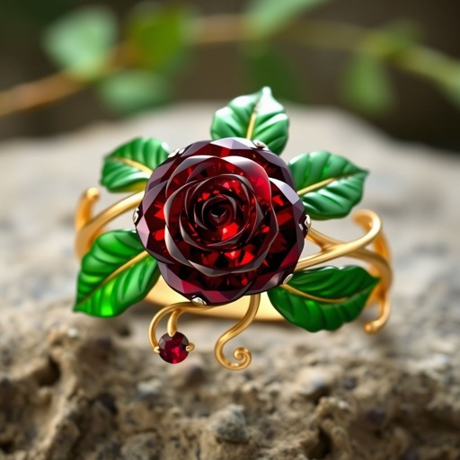 A red cut garnet rose with green Nanette cut leaves with 20 carats and VS clarity with green vines around the gold band ring