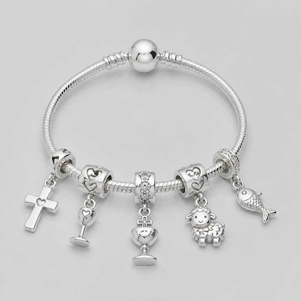 A modern women's bracelet made of white gold suitable for daily wear, detailed and decorative, moderately ornate. uma Pandora de prata com pingentes sobre cruz, taça de vinho, cálice,ovelinha,peixe, esses pingentes em e fofos
photorealistic jewelry design, A modern women's bracelet made of white gold suitable for daily wear, detailed and decorative, moderately ornate. uma Pandora de prata com pingentes sobre cruz, taça de vinho, cálice,ovelinha,peixe, esses pingentes em e fofos, modern style, just the design no text