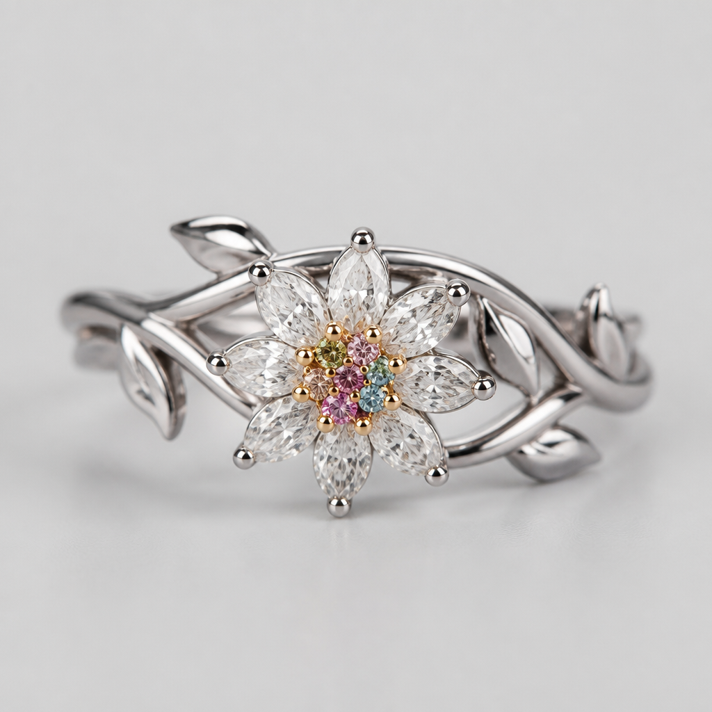 Vine shaped band with sunflower shaped diamond with mini multicolored diamond in the middle of the sunflower.
photorealistic jewelry design, Vine shaped band with sunflower shaped diamond with mini multicolored diamond in the middle of the sunflower. , modern style, just the design no text