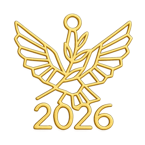 Golden cut-out charm only with  two spread out bird wings, an olive branch and  along year 2026