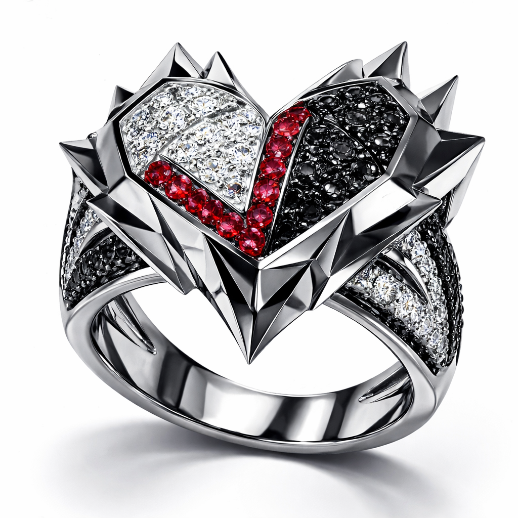 Heart Geomatric ring of egdes and architecture shapes and bold of diamonds black and white and red of white background of edgy style and elements shape