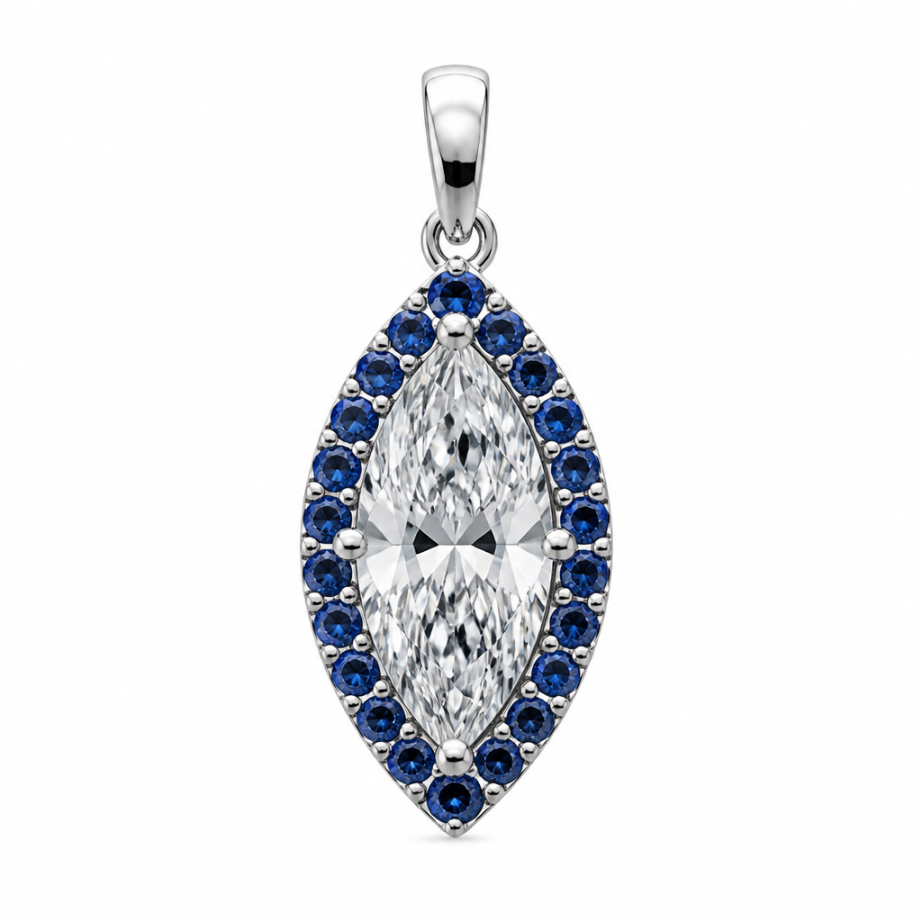 I want a 1.5ct marquise diamond positioned up and down surrounded by small blue sapphire stones
photorealistic jewelry design, I want a 1.5ct marquise diamond positioned up and down surrounded by small blue sapphire stones, pendant style, just the design no text
