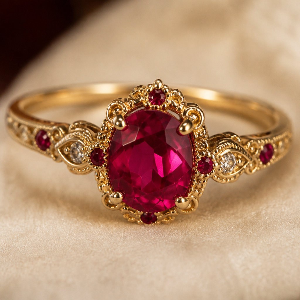 A vintage women's ring made of gold with ruby stones suitable for engagement
photorealistic jewelry design, A vintage women's ring made of gold with ruby stones suitable for engagement, vintage style, just the design no text