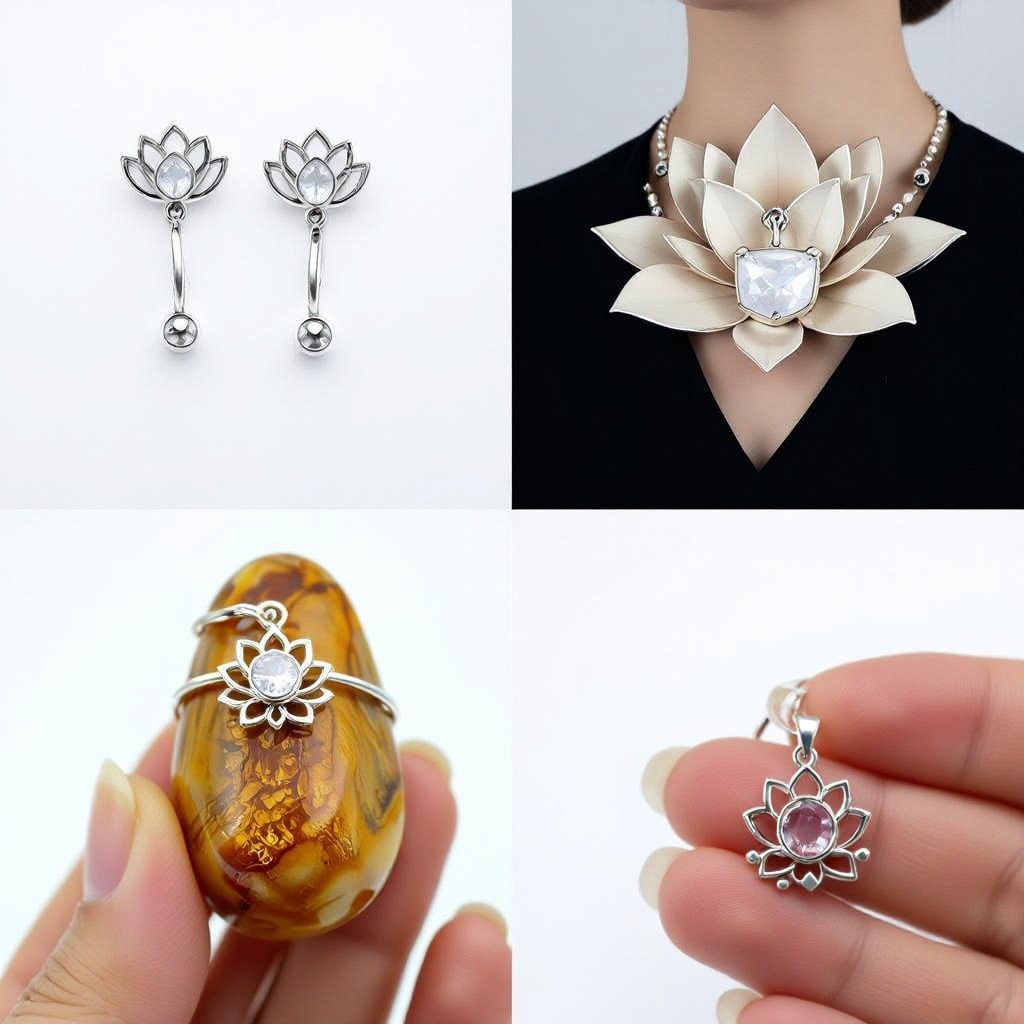 Серьги серебро изящный маленький лотос с необработанным хрусталем в центре