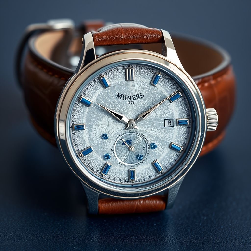Create a male watch Dial: Lunar Dust,Platinum, Blue Sapphire Crystal
Design a luxurious male watch featuring a dial named "Lunar Dust," crafted from shimmering platinum. The celestial motif captures the essence of the moon's surface, with blue sapphire crystals delicately embedded to evoke starry skies. Envelop the timepiece in finely polished detailing, complemented by an elegant leather strap for ultimate sophistication.
