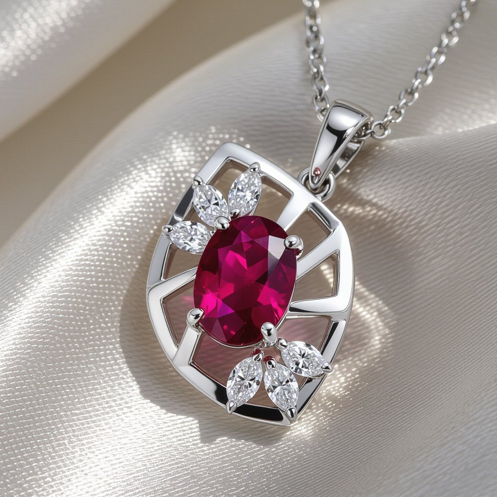 7x5mm oval pigeon blood ruby with 8 marquis cut diamonds each .08ct set in white gold pendant