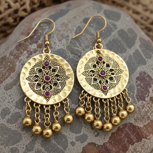 Серьги длинные на цепочках матовое золото мятое. Символ схематично созвездие. Маленькие фиолетовые камушки