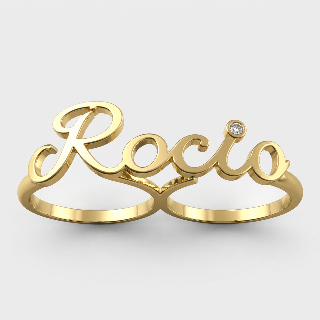 A women's ring. anillo de doble dedo con el nombre de rocío con algún diamantito
photorealistic jewelry design, A women's ring. anillo de doble dedo con el nombre de rocío con algún diamantito, modern style, just the design no text