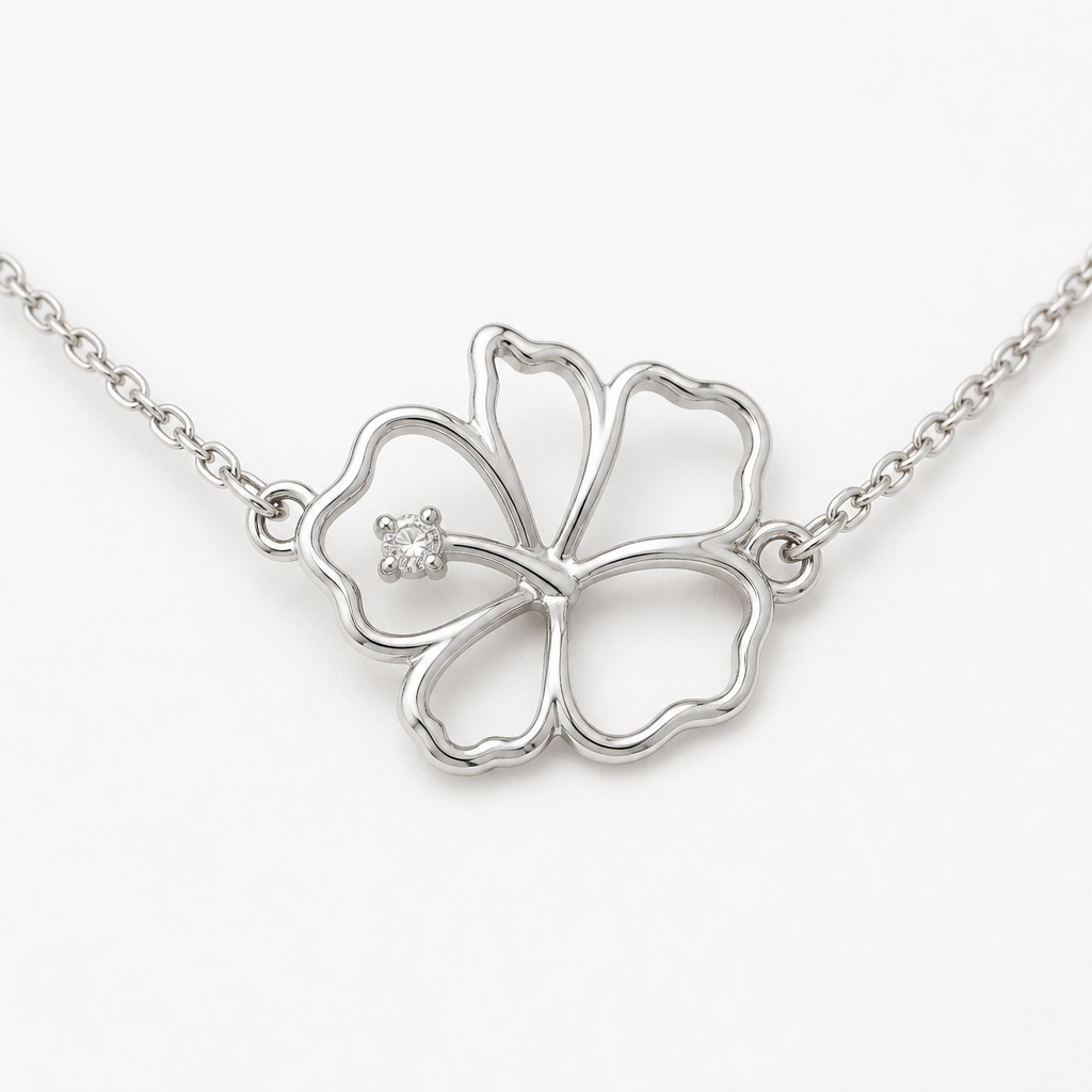 A women's necklace made of silver. hibicus vu de coté ligne fine et delicat ,tres petit diamand dans le milieu au bout de la tige interieur de la fleur vide, plus detail, 5 petales chaine de chaque coté, exotique , tige qui ne depasse la fleur
photorealistic jewelry design, A women's necklace made of silver. hibicus vu de coté ligne fine et delicat ,tres petit diamand dans le milieu au bout de la tige interieur de la fleur vide, plus detail, 5 petales chaine de chaque coté, exotique , tige qui ne depasse la fleur, modern style, just the design no text