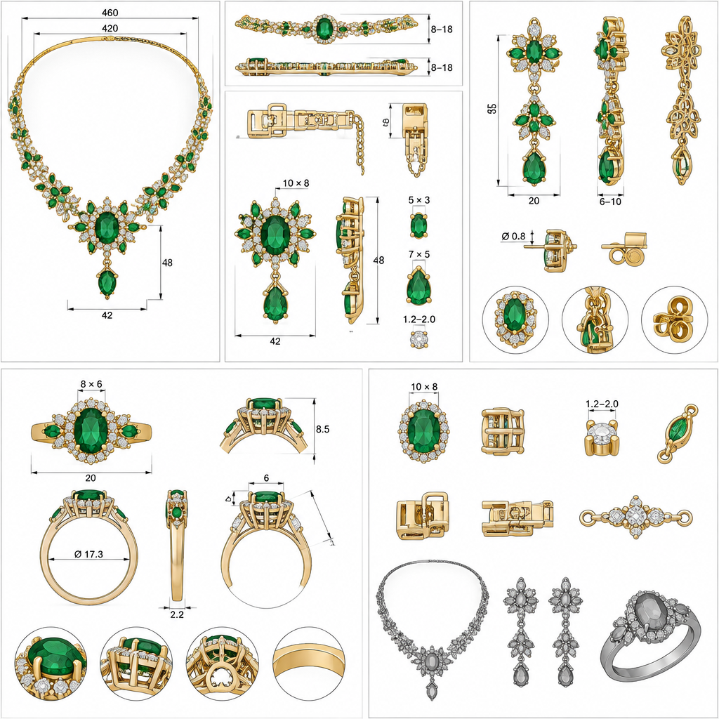 A women's ring. Using the previously selected “Royal Bloom” luxury jewelry set as the EXACT design reference, create a professional JEWELRY CAD DEVELOPMENT / MANUFACTURING SPECIFICATION SHEET for a necklace, matching pair of earrings, and ring.
IMPORTANT:
Preserve the established design language, proportions, gemstone arrangement, motifs and overall appearance of the selected jewelry set. Do not redesign the jewelry in this image.
Create a clean white-background technical presentation containing:
━━━━━━━━━━━━━━━━━━━━
NECKLACE — TECHNICAL DRAWING
━━━━━━━━━━━━━━━━━━━━
Overall necklace:
- Main wearable length: 420 mm
- Extension chain: 40 mm
- Total adjustable length: 460 mm
- Central pendant width: 42 mm
- Central pendant height: 48 mm
- Main necklace body width: 8–18 mm
- Show front, top and side/section views
- Show articulation points between necklace sections
- Show clasp and extension chain separately
Center gemstone:
- Oval emerald
- Target size: 10 × 8 mm
- Secure 4-prong or 6-prong setting
- Show stone seat and approximate pavilion clearance
- Clearly label gemstone dimensions
Secondary gemstones:
- Oval emeralds: target 5 × 3 mm
- Pear/drop emerald: target 7 × 5 mm
- Round diamond accents: target 1.2–2.0 mm
- Clearly indicate approximate quantity and placement
Construction:
- 18K yellow gold
- Minimum structural metal thickness target: 1.2 mm
- Smooth, rounded wearable edges
- Articulated links for flexibility
- Reinforced pendant connection
- Secure box clasp with safety mechanism
━━━━━━━━━━━━━━━━━━━━
EARRINGS — TECHNICAL DRAWING
━━━━━━━━━━━━━━━━━━━━
Pair of matching drop earrings:
- Total height: 55 mm
- Maximum width: 20 mm
- Target depth: 6–10 mm
- Main oval emerald: 8 × 6 mm
- Secondary emeralds: approximately 5 × 3 mm
- Drop emerald: approximately 7 × 5 mm
- Diamond accents: approximately 1.0–1.8 mm
Construction:
- Secure post-and-back or lever-back mechanism
- Reinforced gemstone seats
- Strong but lightweight gallery
- Rounded edges
- Show front, side and rear views
- Show earring post diameter and back mechanism
- Show hinge/connection details where applicable
━━━━━━━━━━━━━━━━━━━━
RING — TECHNICAL DRAWING
━━━━━━━━━━━━━━━━━━━━
Ring:
- Reference finger size: US 7
- Internal diameter target: 17.3 mm
- Band width: 2.2–3.0 mm
- Main oval emerald: 8 × 6 mm
- Accent diamonds: 1.0–1.5 mm
- Target structural minimum thickness: approximately 1.2 mm
Setting:
- Secure 4-prong or 6-prong setting
- Show gemstone seat
- Show gallery underneath center stone
- Provide adequate metal support beneath the gemstone
- Comfortable interior profile
- No sharp edges
Show:
- Front view
- Top view
- Side profile
- Cross-section through gemstone setting
- Inside-ring view
━━━━━━━━━━━━━━━━━━━━
MANUFACTURING INFORMATION
━━━━━━━━━━━━━━━━━━━━
Add a separate technical specification panel showing:
MATERIAL:
18K yellow gold
GEMSTONES:
Emeralds + round brilliant-cut diamonds
SETTING TYPES:
Prong setting for center emerald
Prong/bezel setting where appropriate for smaller emeralds
Micro-prong or bead setting for small diamonds where structurally suitable
DIMENSION SYSTEM:
All dimensions in millimeters
TOLERANCE NOTES:
Mark dimensions as TARGET DIMENSIONS.
Indicate that final production tolerances, stone-seat dimensions, casting allowances, wall thicknesses and finishing allowances must be verified in professional jewelry CAD software.
CAD DEVELOPMENT:
Show clean monochrome 3D CAD-style reference views of:
- Complete necklace
- Pendant
- Pair of earrings
- Ring
- Individual gemstone settings
- Clasp
- Articulated link
TECHNICAL VIEWS:
Include orthographic front, side and top views wherever applicable.
Include enlarged detail callouts for:
A — center gemstone setting
B — diamond setting
C — necklace articulation
D — clasp
E — earring mechanism
F — ring gallery
PRESENTATION:
Professional jewelry manufacturer technical drawing.
Engineering-style dimension lines.
Clear arrows and labels.
Consistent scale indicators.
Clean orthographic geometry.
White technical background.
No model wearing the jewelry.
No decorative flowers.
No fashion photography.
No excessive reflections.
No artistic distortion.
The final sheet should look like a professional jewelry designer’s DEVELOPMENT SPECIFICATION DOCUMENT prepared for a CAD modeler and manufacturer.
Do NOT claim that the AI-generated dimensions are manufacturing-certified. The final production CAD model must be created and checked by a professional jewelry CAD designer before manufacturing.
photorealistic jewelry design, A women's ring. Using the previously selected “Royal Bloom” luxury jewelry set as the EXACT design reference, create a professional JEWELRY CAD DEVELOPMENT / MANUFACTURING SPECIFICATION SHEET for a necklace, matching pair of earrings, and ring.
IMPORTANT:
Preserve the established design language, proportions, gemstone arrangement, motifs and overall appearance of the selected jewelry set. Do not redesign the jewelry in this image.
Create a clean white-background technical presentation containing:
━━━━━━━━━━━━━━━━━━━━
NECKLACE — TECHNICAL DRAWING
━━━━━━━━━━━━━━━━━━━━
Overall necklace:
- Main wearable length: 420 mm
- Extension chain: 40 mm
- Total adjustable length: 460 mm
- Central pendant width: 42 mm
- Central pendant height: 48 mm
- Main necklace body width: 8–18 mm
- Show front, top and side/section views
- Show articulation points between necklace sections
- Show clasp and extension chain separately
Center gemstone:
- Oval emerald
- Target size: 10 × 8 mm
- Secure 4-prong or 6-prong setting
- Show stone seat and approximate pavilion clearance
- Clearly label gemstone dimensions
Secondary gemstones:
- Oval emeralds: target 5 × 3 mm
- Pear/drop emerald: target 7 × 5 mm
- Round diamond accents: target 1.2–2.0 mm
- Clearly indicate approximate quantity and placement
Construction:
- 18K yellow gold
- Minimum structural metal thickness target: 1.2 mm
- Smooth, rounded wearable edges
- Articulated links for flexibility
- Reinforced pendant connection
- Secure box clasp with safety mechanism
━━━━━━━━━━━━━━━━━━━━
EARRINGS — TECHNICAL DRAWING
━━━━━━━━━━━━━━━━━━━━
Pair of matching drop earrings:
- Total height: 55 mm
- Maximum width: 20 mm
- Target depth: 6–10 mm
- Main oval emerald: 8 × 6 mm
- Secondary emeralds: approximately 5 × 3 mm
- Drop emerald: approximately 7 × 5 mm
- Diamond accents: approximately 1.0–1.8 mm
Construction:
- Secure post-and-back or lever-back mechanism
- Reinforced gemstone seats
- Strong but lightweight gallery
- Rounded edges
- Show front, side and rear views
- Show earring post diameter and back mechanism
- Show hinge/connection details where applicable
━━━━━━━━━━━━━━━━━━━━
RING — TECHNICAL DRAWING
━━━━━━━━━━━━━━━━━━━━
Ring:
- Reference finger size: US 7
- Internal diameter target: 17.3 mm
- Band width: 2.2–3.0 mm
- Main oval emerald: 8 × 6 mm
- Accent diamonds: 1.0–1.5 mm
- Target structural minimum thickness: approximately 1.2 mm
Setting:
- Secure 4-prong or 6-prong setting
- Show gemstone seat
- Show gallery underneath center stone
- Provide adequate metal support beneath the gemstone
- Comfortable interior profile
- No sharp edges
Show:
- Front view
- Top view
- Side profile
- Cross-section through gemstone setting
- Inside-ring view
━━━━━━━━━━━━━━━━━━━━
MANUFACTURING INFORMATION
━━━━━━━━━━━━━━━━━━━━
Add a separate technical specification panel showing:
MATERIAL:
18K yellow gold
GEMSTONES:
Emeralds + round brilliant-cut diamonds
SETTING TYPES:
Prong setting for center emerald
Prong/bezel setting where appropriate for smaller emeralds
Micro-prong or bead setting for small diamonds where structurally suitable
DIMENSION SYSTEM:
All dimensions in millimeters
TOLERANCE NOTES:
Mark dimensions as TARGET DIMENSIONS.
Indicate that final production tolerances, stone-seat dimensions, casting allowances, wall thicknesses and finishing allowances must be verified in professional jewelry CAD software.
CAD DEVELOPMENT:
Show clean monochrome 3D CAD-style reference views of:
- Complete necklace
- Pendant
- Pair of earrings
- Ring
- Individual gemstone settings
- Clasp
- Articulated link
TECHNICAL VIEWS:
Include orthographic front, side and top views wherever applicable.
Include enlarged detail callouts for:
A — center gemstone setting
B — diamond setting
C — necklace articulation
D — clasp
E — earring mechanism
F — ring gallery
PRESENTATION:
Professional jewelry manufacturer technical drawing.
Engineering-style dimension lines.
Clear arrows and labels.
Consistent scale indicators.
Clean orthographic geometry.
White technical background.
No model wearing the jewelry.
No decorative flowers.
No fashion photography.
No excessive reflections.
No artistic distortion.
The final sheet should look like a professional jewelry designer’s DEVELOPMENT SPECIFICATION DOCUMENT prepared for a CAD modeler and manufacturer.
Do NOT claim that the AI-generated dimensions are manufacturing-certified. The final production CAD model must be created and checked by a professional jewelry CAD designer before manufacturing., modern style, just the design no text