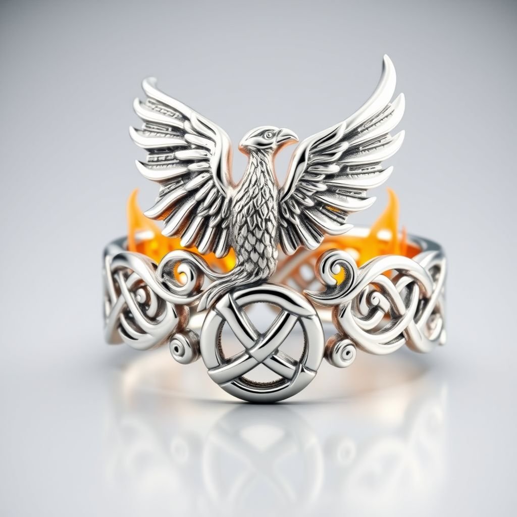 A silver ring with a Celtic phoenix rising from the swirling flames and trinity knot on it 