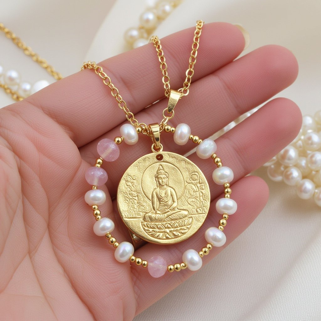 Кулон на длинной цепочке. Матовое светлое золото. В цепочке небольшие золотые шарики и камушки розового необработанного кварца и жемчуга. Кулон в форме неровного мятого круга. На круге изображена девушка с длинными волосами в позе лотоса нечетко