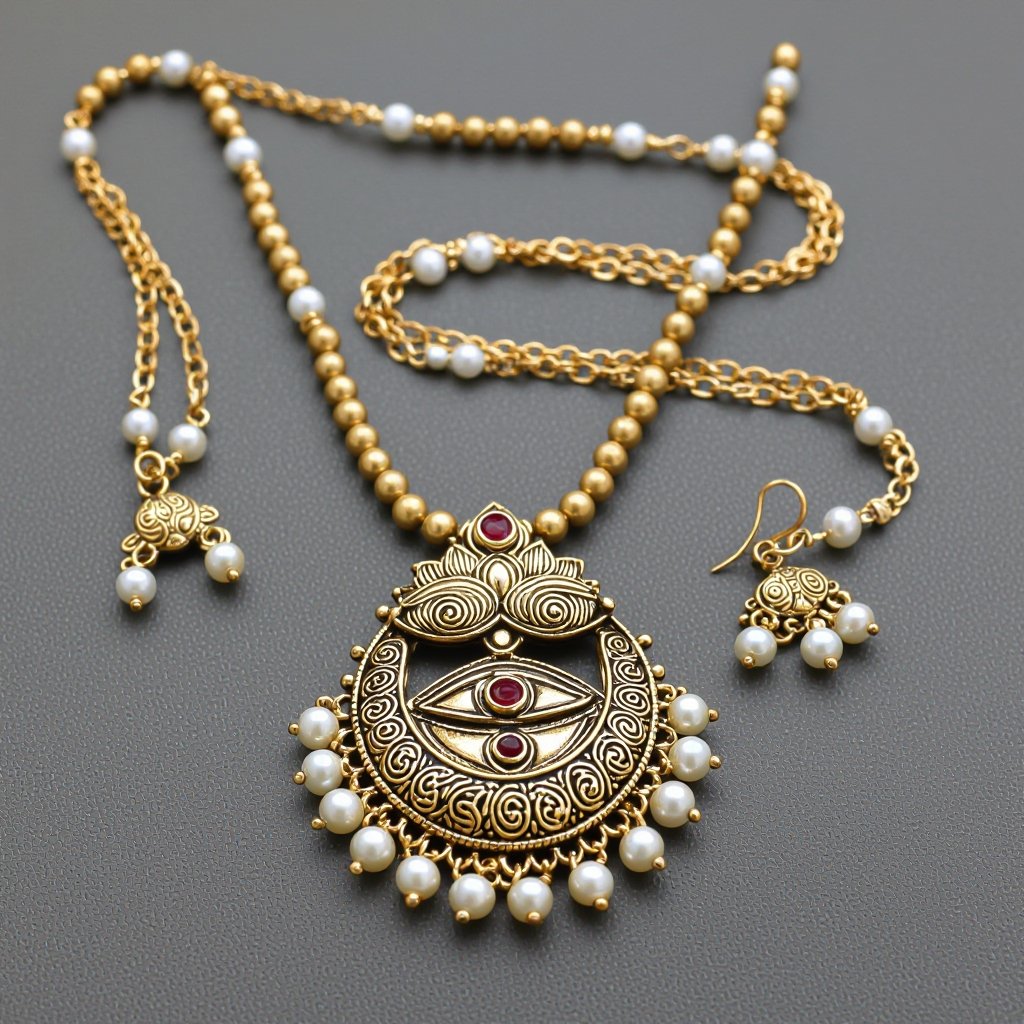 Кулон на длинной цепочке. Матовое светлое золото. В цепочке небольшие золотые шарики и жемчуг. Кулон в виде двух глаз над ними лотос с маленьким красным камнем внутри узоры завитушки 