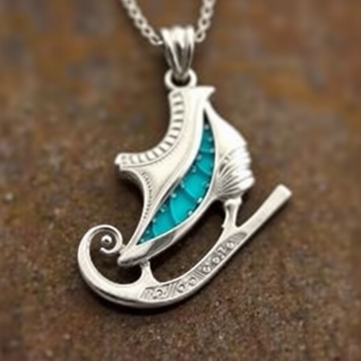 Silver Pendant shape one ice skate with turquoise stripe inside the low thin part blade