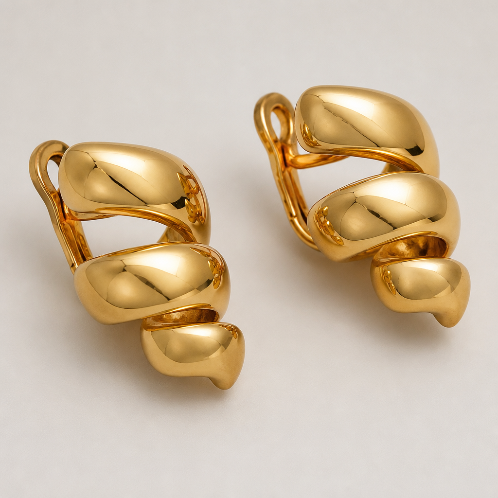 A women's earrings made of gold. массивные серьги в виде завернутого в спираль
photorealistic jewelry design, A women's earrings made of gold. массивные серьги в виде завернутого в спираль, modern style, just the design no text