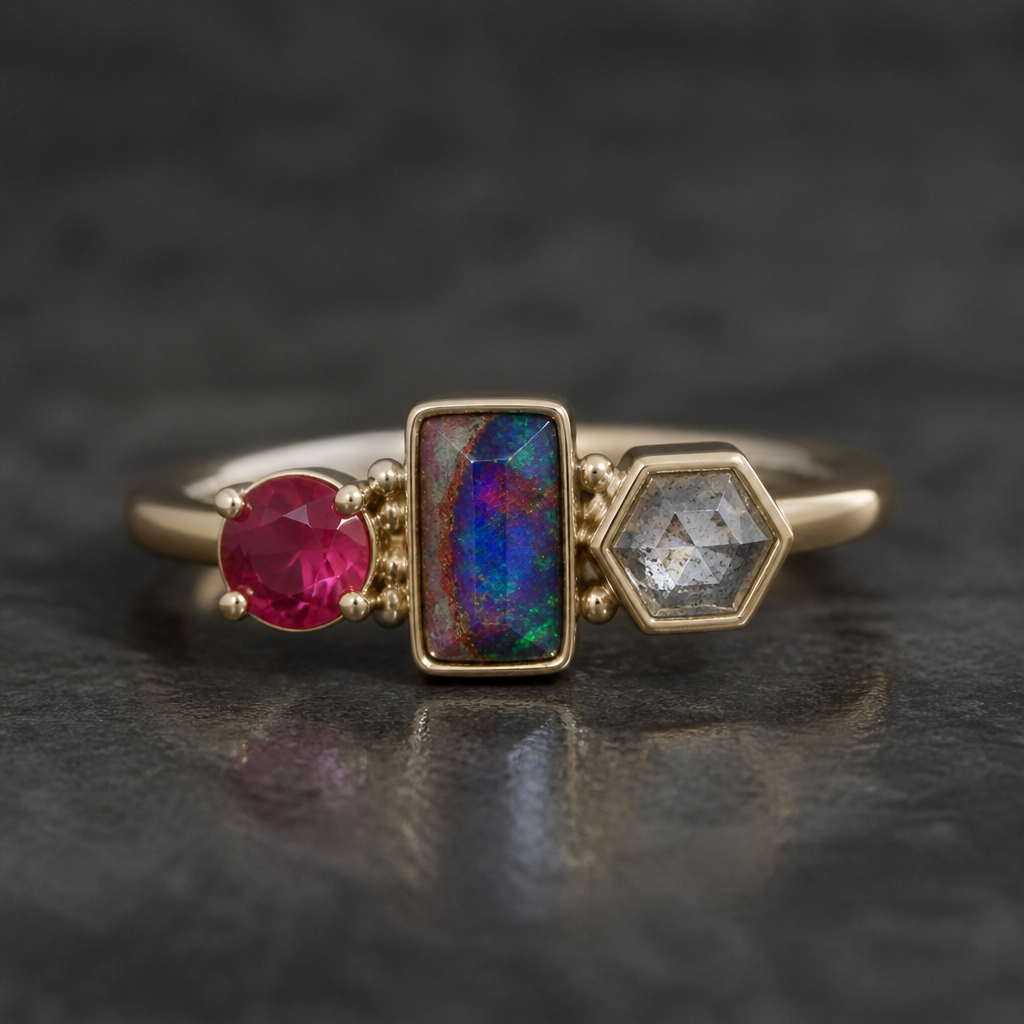 5mm round red beryl, rectangle boulder opal 5mm hexagon salt and pepper diamond
photorealistic jewelry design, 5mm round red beryl, rectangle boulder opal 5mm hexagon salt and pepper diamond , modern style, just the design no text