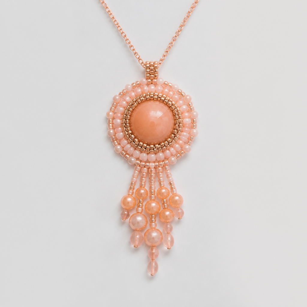 A women's pendant. бусинки персикового цвета и бисер персона
photorealistic jewelry design, A women's pendant. бусинки персикового цвета и бисер персона, modern style, just the design no text
