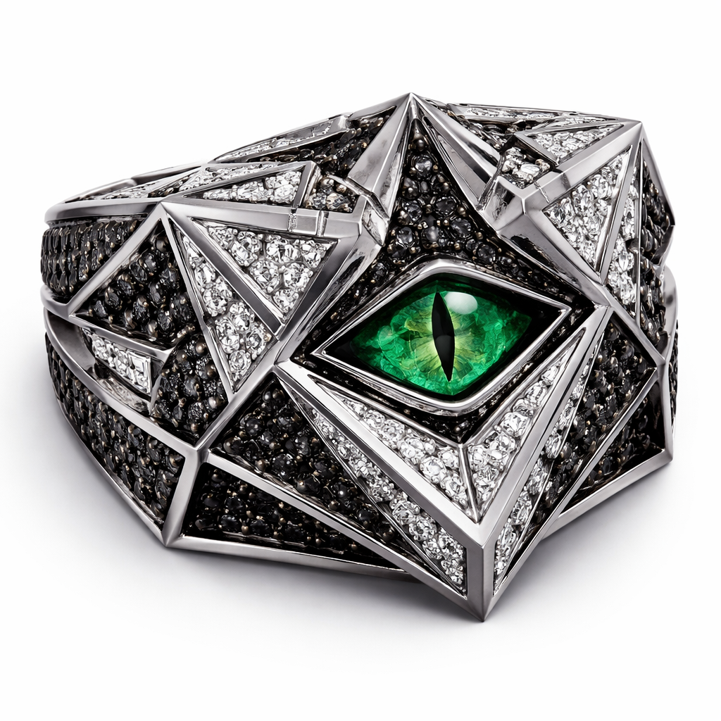 Geomatric pyramid sharp angles edgy angles ring for men of rectangular and sqaure shape of white and blcak diamonds of unique design and special shape and green eye