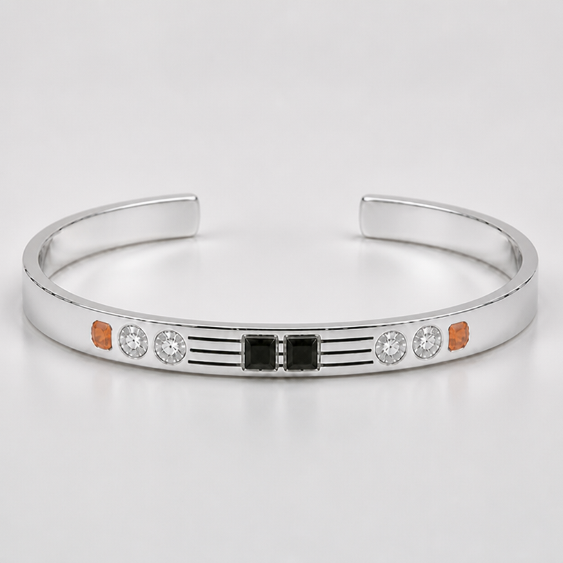 A women's bracelet made of silver. the orange stones are closer to the clear stones
using the attached image as a visual reference, create A women's bracelet made of silver. the orange stones are closer to the clear stones. photorealistic, just the design no text