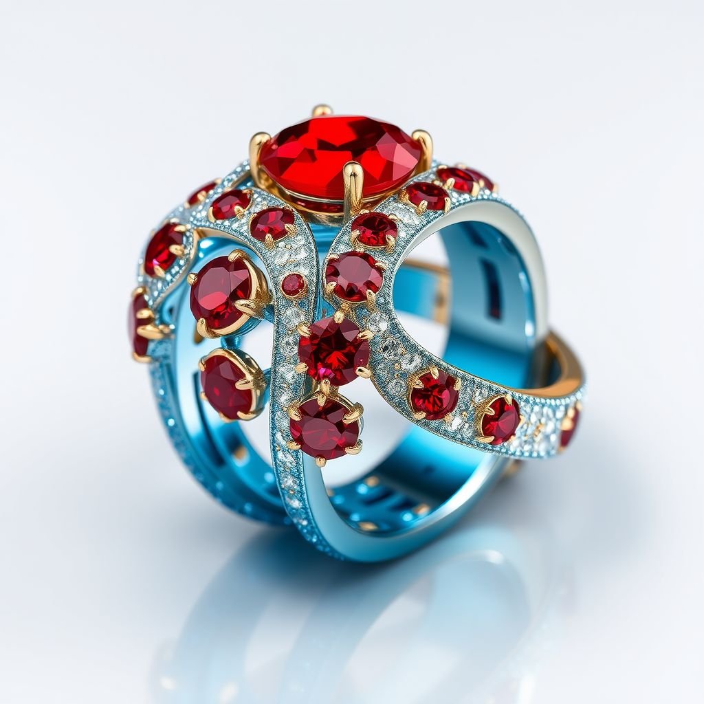 Create a ring made of blue gold, red diamonds and moon dust
Design an opulent ring crafted from lustrous blue gold, elegantly accented with vivid red diamonds that shimmer like fire. Envelop the band with a delicate layer of ethereal moon dust, reflecting a celestial glow. The luxurious finish and intricate detailing elevate this masterpiece to epitomize elegance and sophistication in high-end jewelry.
