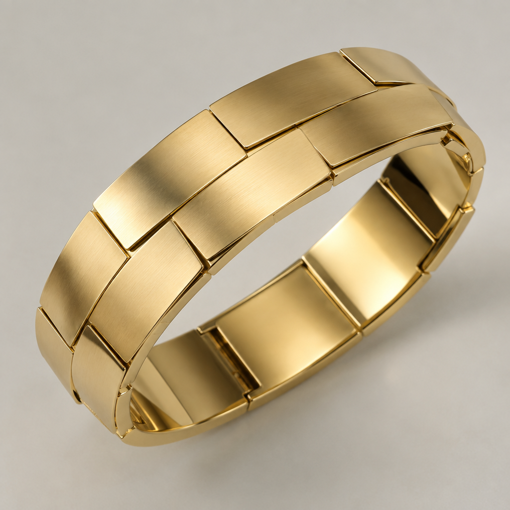 A women's bracelet made of gold. Tervezz meg egy arany férfi karperecet kb 2 centi széles és a tetején legyenek fekvöbe nem álloba fekvöbe ilyen arany lapok
photorealistic jewelry design, A women's bracelet made of gold. Tervezz meg egy arany férfi karperecet kb 2 centi széles és a tetején legyenek fekvöbe nem álloba fekvöbe ilyen arany lapok, modern style, just the design no text