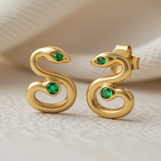 Небольшие золотые матовые серьги в виде символической змеи