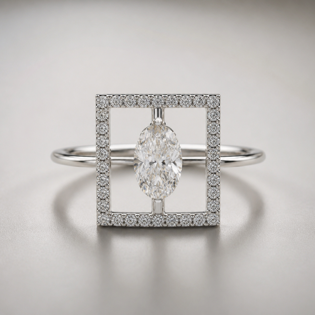 A women's ring made of silver with diamond stones. bague sertie d'un diamant oval, à l'intérieur du carré droit ligne remplie de petit diamant feminin, delicat, minimaliste metal tres fin, avec un vide entre loval et le carré, l'oval attache verticalement au carré
photorealistic jewelry design, A women's ring made of silver with diamond stones. bague sertie d'un diamant oval, à l'intérieur du carré droit ligne remplie de petit diamant feminin, delicat, minimaliste metal tres fin, avec un vide entre loval et le carré, l'oval attache verticalement au carré, modern style, just the design no text