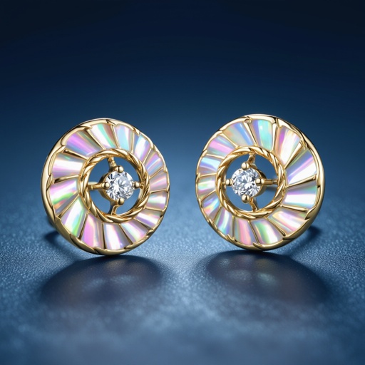 Золотые серьги в виде золотой спиральной ракушки украшенной тремя маленькими камнями 